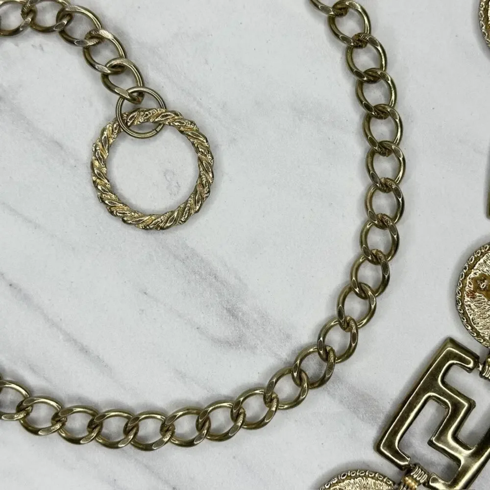 Vintage Gold Tone Greek Key Lion Head Medallion Chain Link Belt Small S Medium M